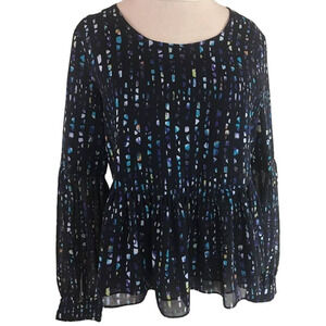 MM Couture Womens Black Print Peplum Chiffon Blouse Sheer Sleeve Small